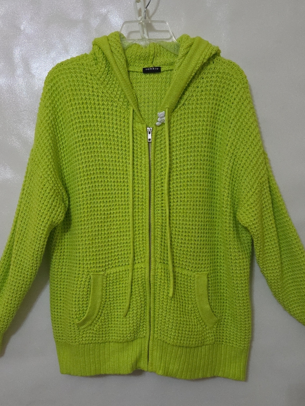 Torrid Women's Neon Green Waffle-Knit Full Zip Front Kangaroo Pocket Hoodie